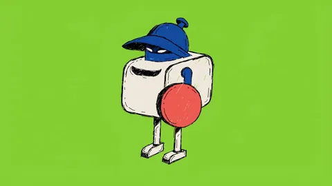Hand-drawn illustration of a small robot mailbox wearing a knight helmet and holding a shield on a lime green background