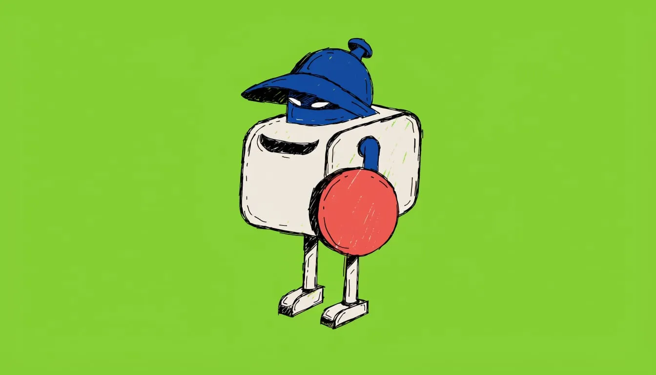 Hand-drawn illustration of a small robot mailbox wearing a knight helmet and holding a shield on a lime green background