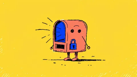 Hand-drawn illustration of a small robot-shaped mailbox taking letters into its intake slot, with a padlock on its outgoing slot on a yellow background