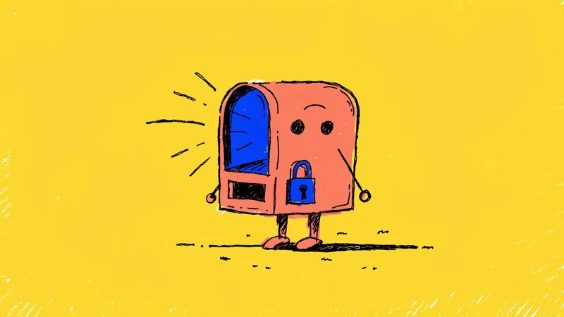 Hand-drawn illustration of a small robot-shaped mailbox taking letters into its intake slot, with a padlock on its outgoing slot on a yellow background