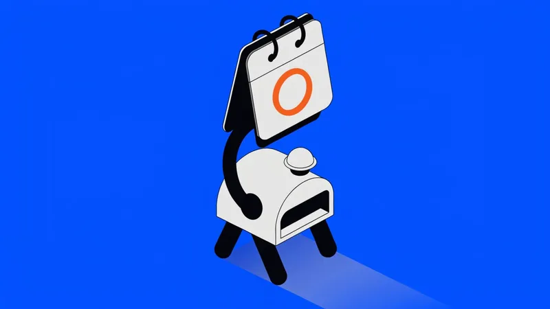 Isometric illustration of a small robot mailbox holding a wall calendar with one circled date on a cobalt blue background