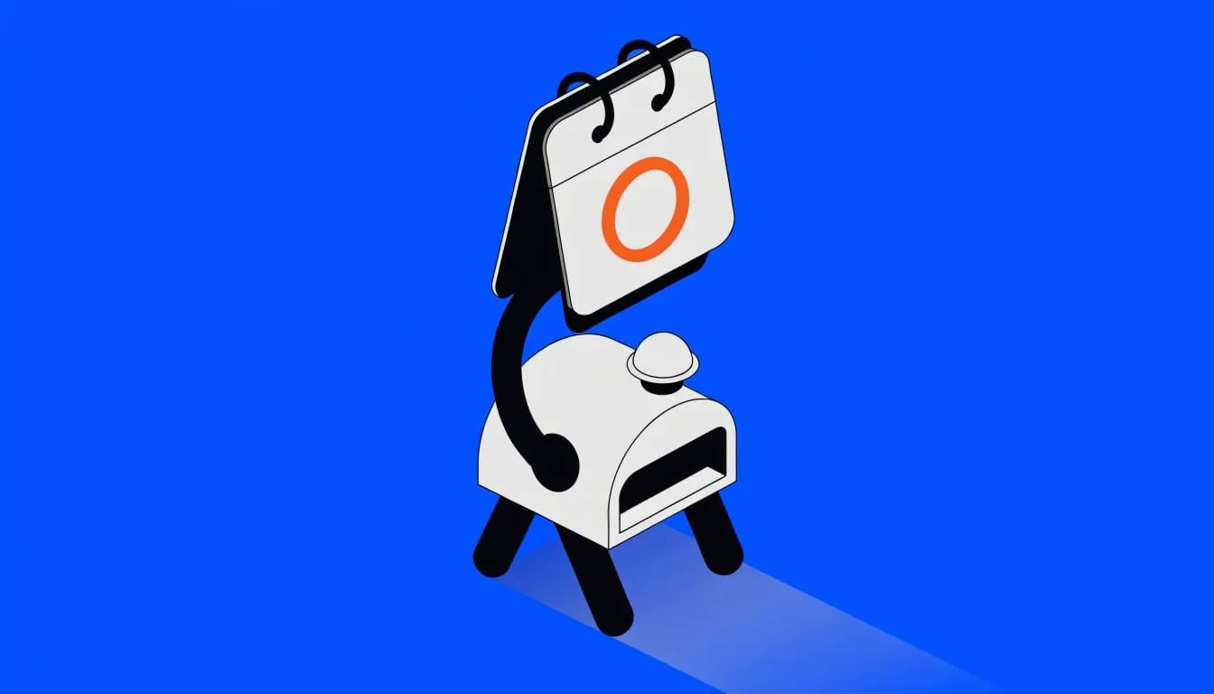 Isometric illustration of a small robot mailbox holding a wall calendar with one circled date on a cobalt blue background