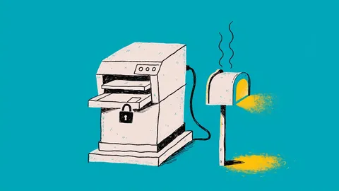 Hand-drawn illustration of a printer with a padlock on its output tray beside a glowing mailbox on a teal background
