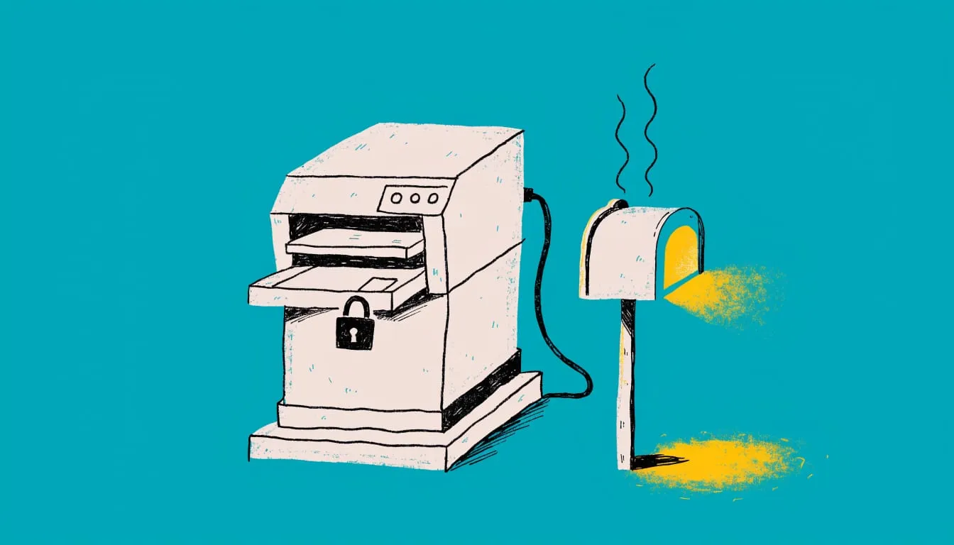 Hand-drawn illustration of a printer with a padlock on its output tray beside a glowing mailbox on a teal background