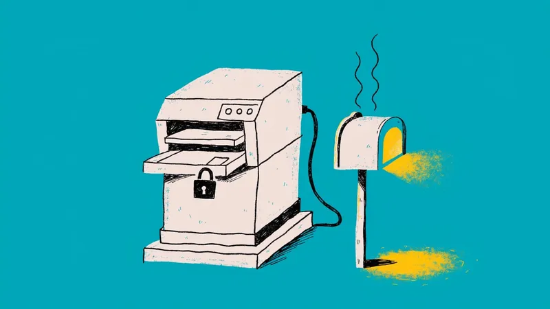 Hand-drawn illustration of a printer with a padlock on its output tray beside a glowing mailbox on a teal background