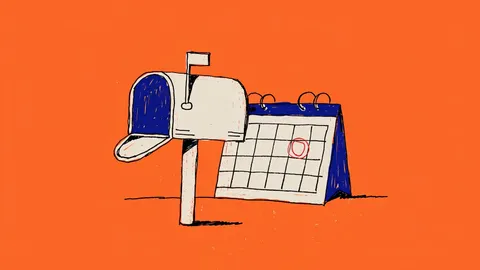 Hand-drawn illustration of a curbside mailbox with its flag down beside a wall calendar with one date circled on an orange background