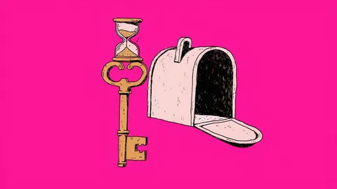 Hand-drawn illustration of a brass key with an hourglass standing beside a mailbox on a hot pink background