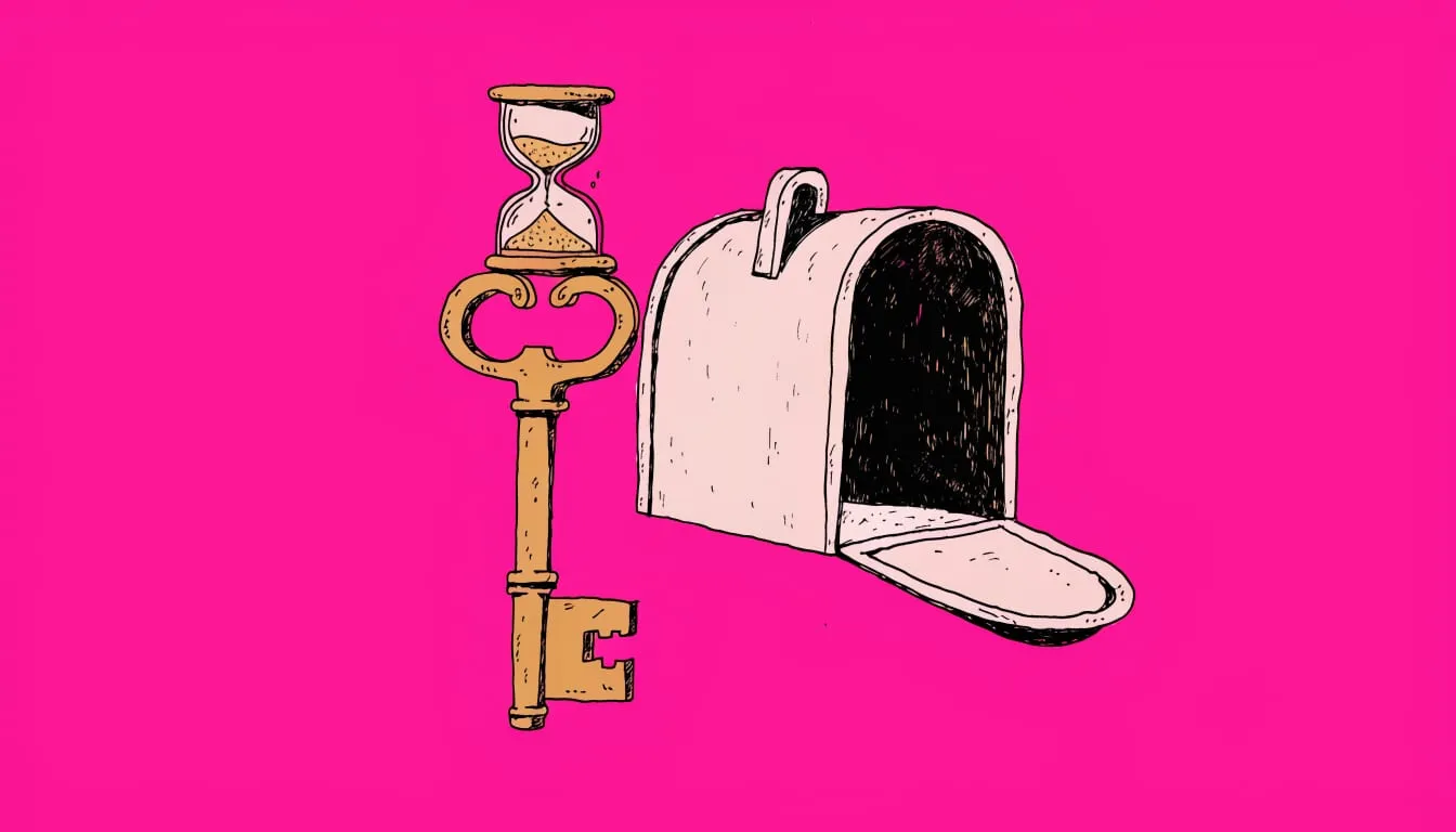 Hand-drawn illustration of a brass key with an hourglass standing beside a mailbox on a hot pink background