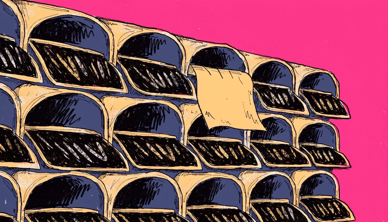Hand-drawn illustration of a wall of mail slots with one slot taped shut and the rest open on a hot pink background