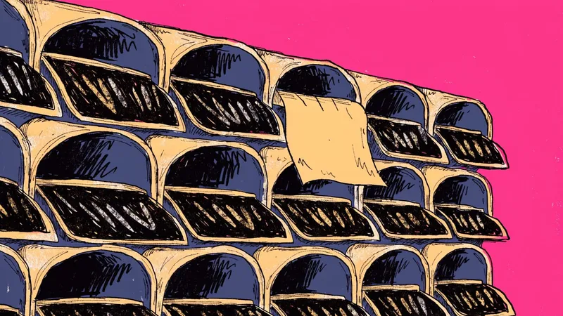 Hand-drawn illustration of a wall of mail slots with one slot taped shut and the rest open on a hot pink background