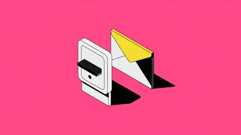 Isometric illustration of a light switch flipped to off beside an envelope on a hot pink background