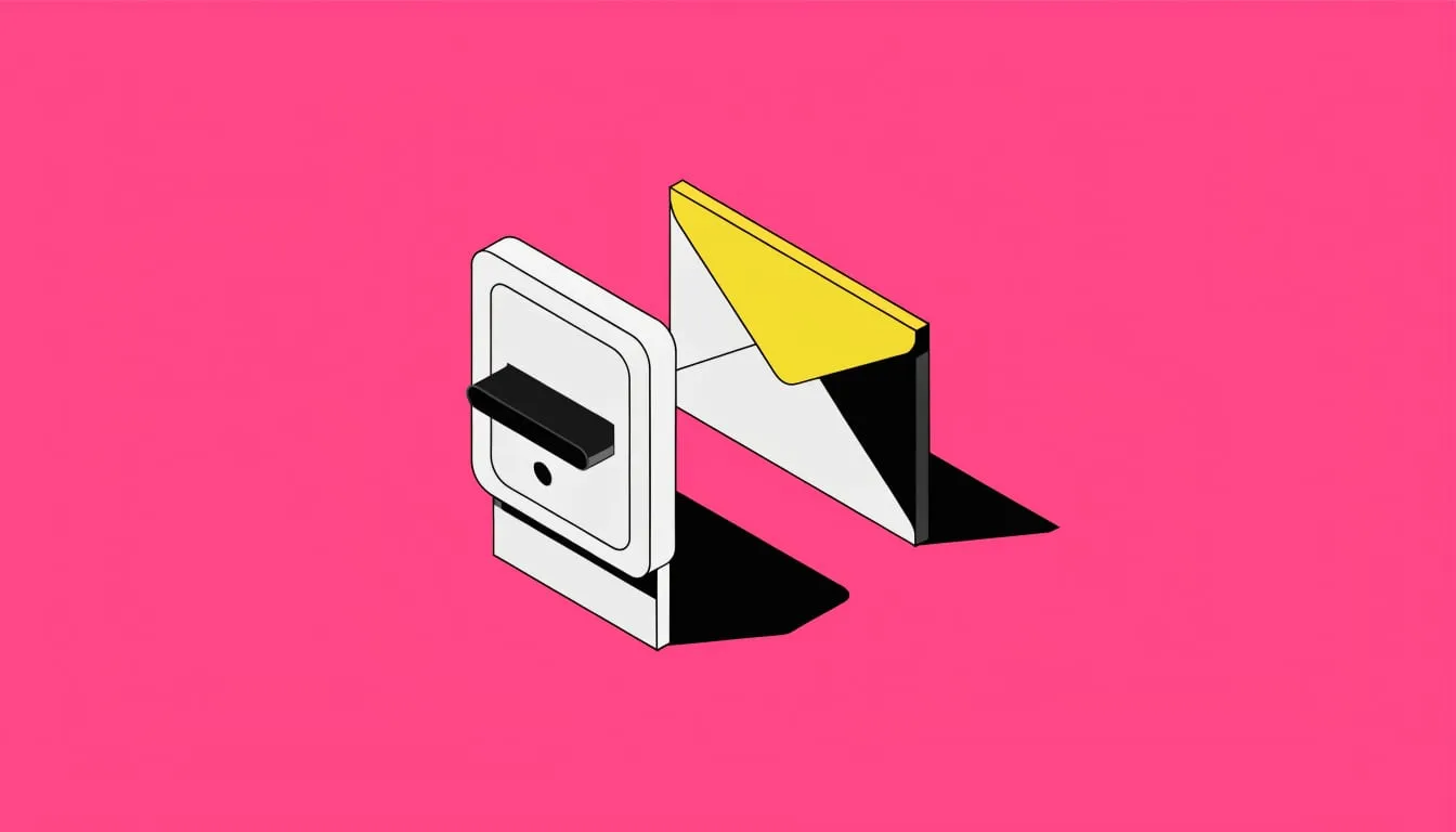 Isometric illustration of a light switch flipped to off beside an envelope on a hot pink background