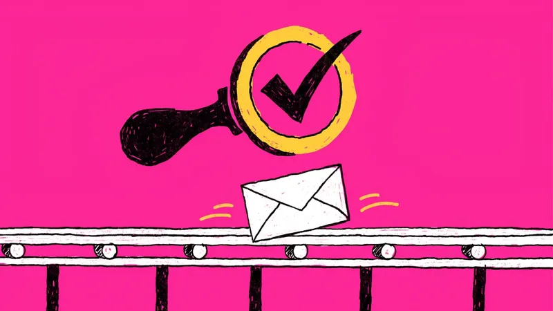 Hand-drawn illustration of an envelope riding a conveyor belt under a big checkmark stamp on a hot pink background