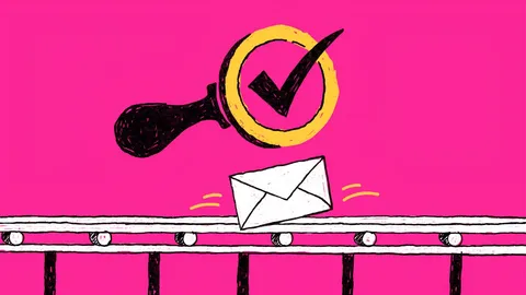 Hand-drawn illustration of an envelope riding a conveyor belt under a big checkmark stamp on a hot pink background