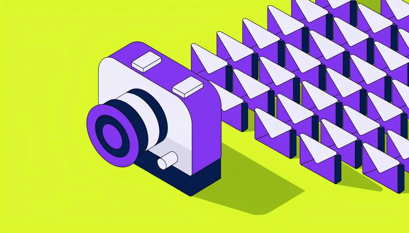 Isometric illustration of a camera taking a photo of a crowd of envelopes on a lime green background