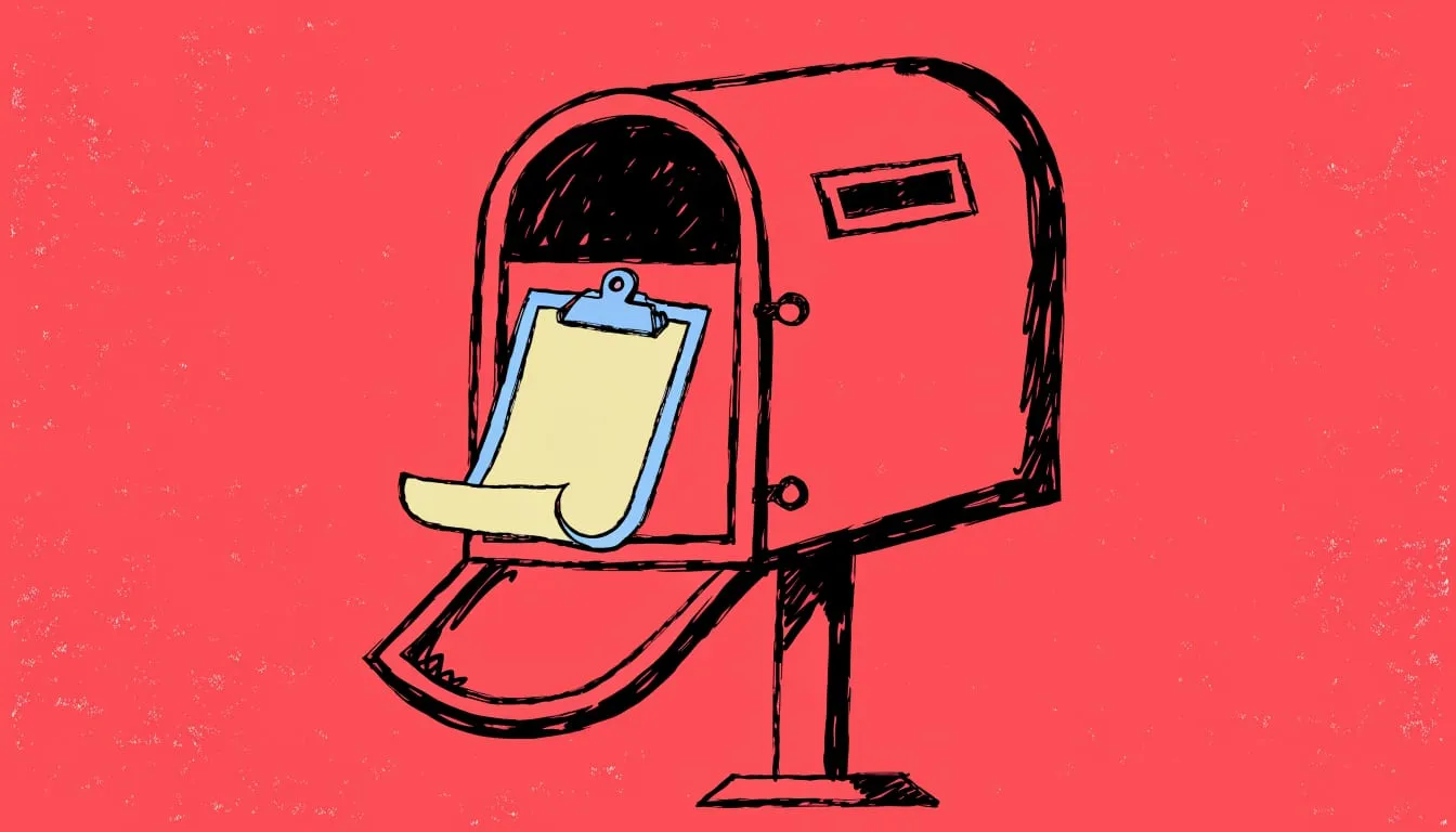 Hand-drawn illustration of a mailbox with a guest list clipboard hanging on its door on a coral red background