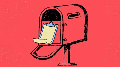 Hand-drawn illustration of a mailbox with a guest list clipboard hanging on its door on a coral red background