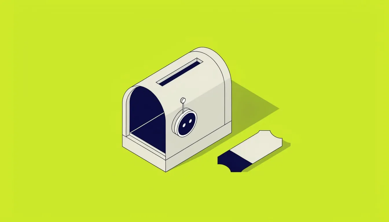 Isometric illustration of a mailbox with a small robot badge pinned on its door and a ticket stub beside it on a lime green background