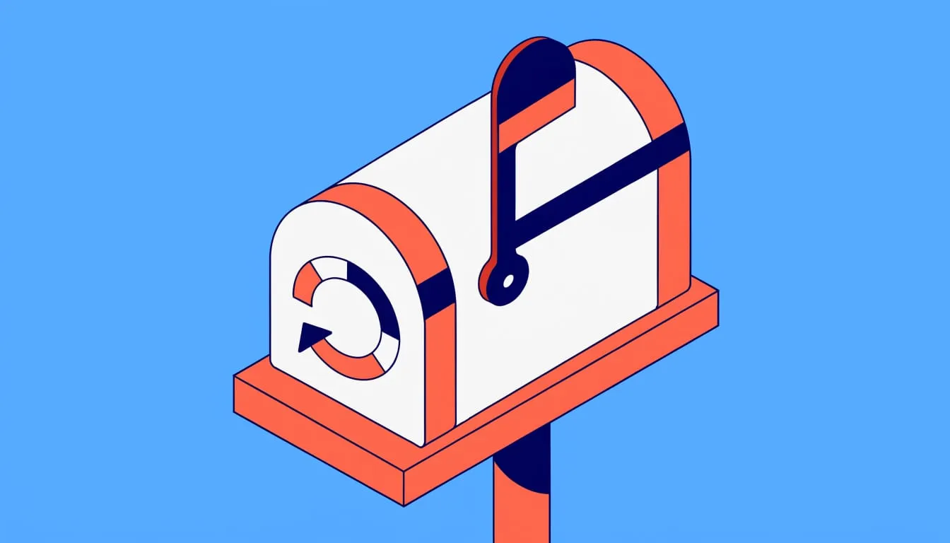 Isometric illustration of a mailbox with a circular retry arrow on its door on a sky blue background