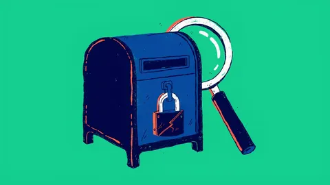 Hand-drawn illustration of a mailbox with a cracked padlock and a magnifying glass on a green background