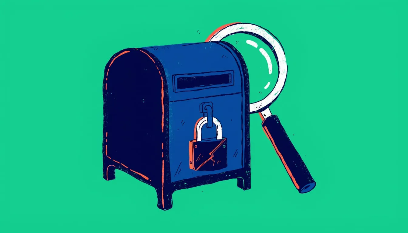 Hand-drawn illustration of a mailbox with a cracked padlock and a magnifying glass on a green background