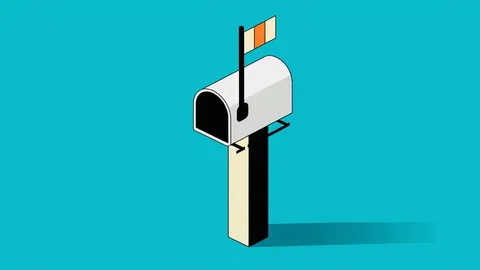 Isometric illustration of a mailbox with a small bar chart flag on its post on a teal background