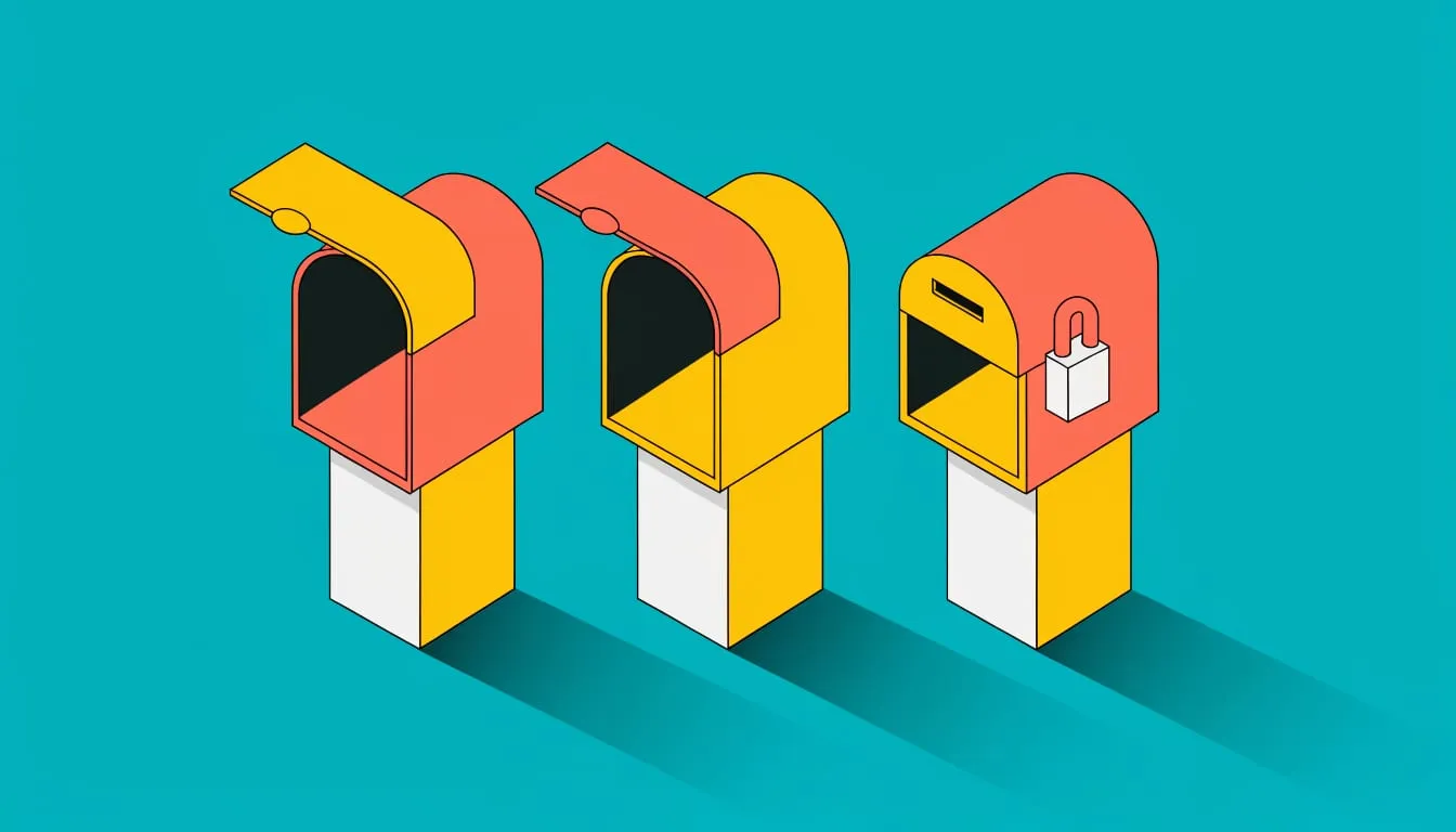 Isometric illustration of a row of three mailboxes with one padlocked and the others open on a teal background