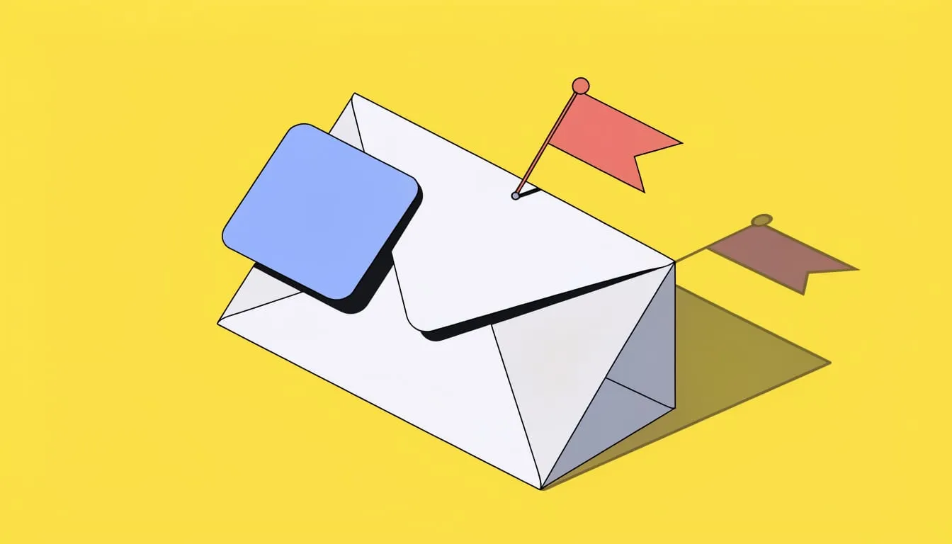 Isometric illustration of an email envelope with a sticky note and a small red flag pinned to it on a sunny yellow background