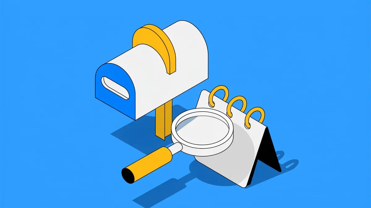 Isometric illustration of a mailbox with a magnifying glass hovering over a calendar page on a sky blue background