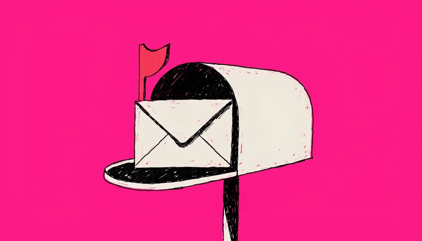 Hand-drawn illustration of a mailbox holding an envelope, with a red flag raised, on a hot pink background