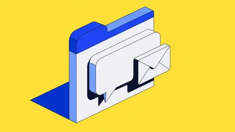 Isometric illustration of a chat bubble inside a browser window with a small envelope tucked beside it on a yellow background
