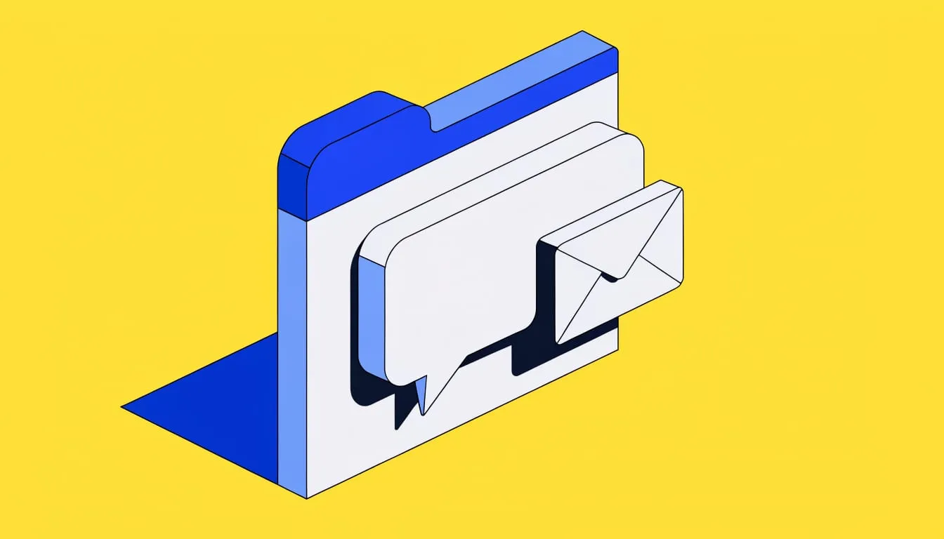 Isometric illustration of a chat bubble inside a browser window with a small envelope tucked beside it on a yellow background
