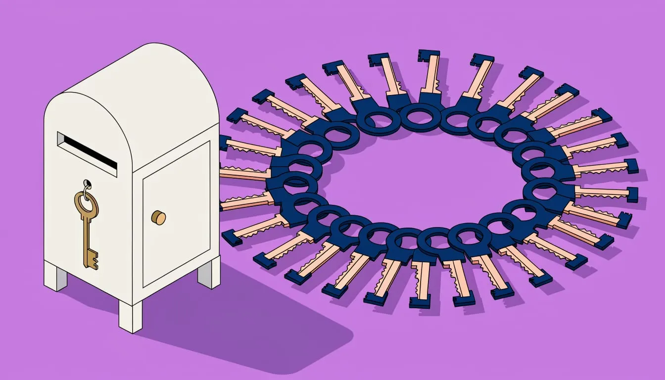 Isometric illustration of a mailbox with a single brass key hanging from its door beside a ring of many unused keys on a lilac purple background