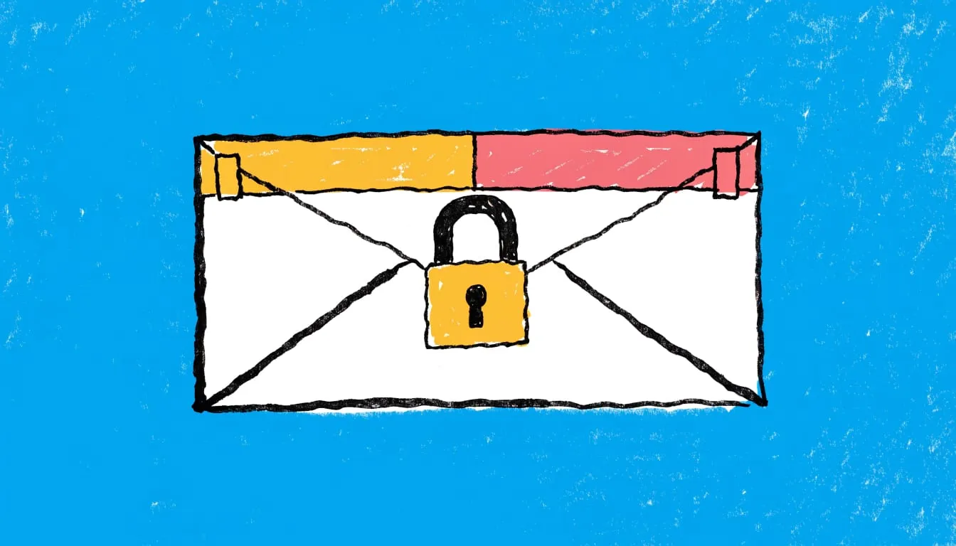 Hand-drawn illustration of an envelope with a padlocked header strip on a sky blue background