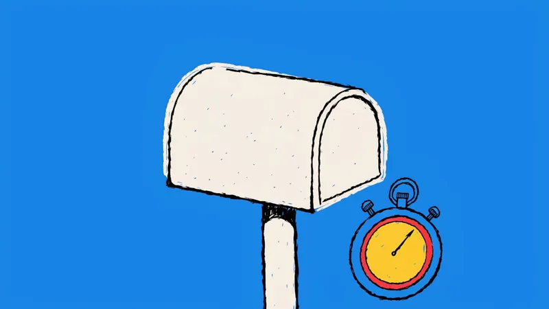 Hand-drawn illustration of a mailbox with a stopwatch beside it on a sky blue background