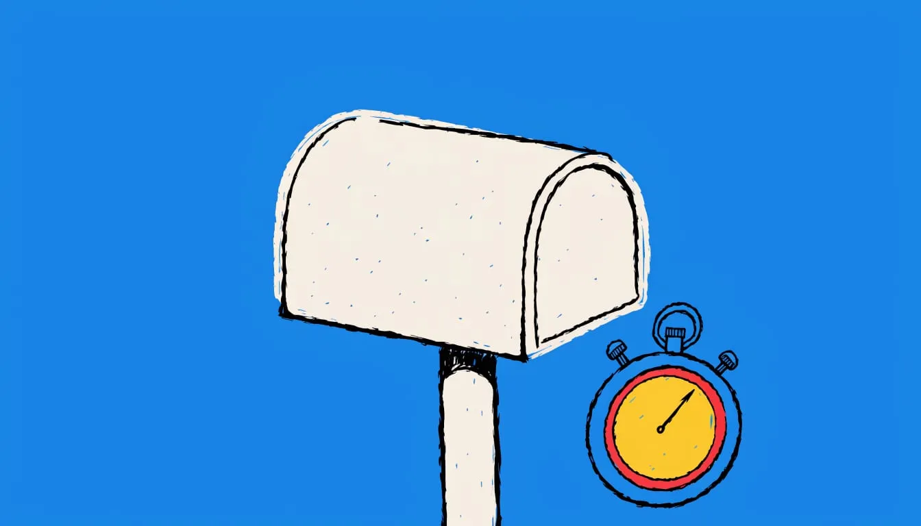 Hand-drawn illustration of a mailbox with a stopwatch beside it on a sky blue background