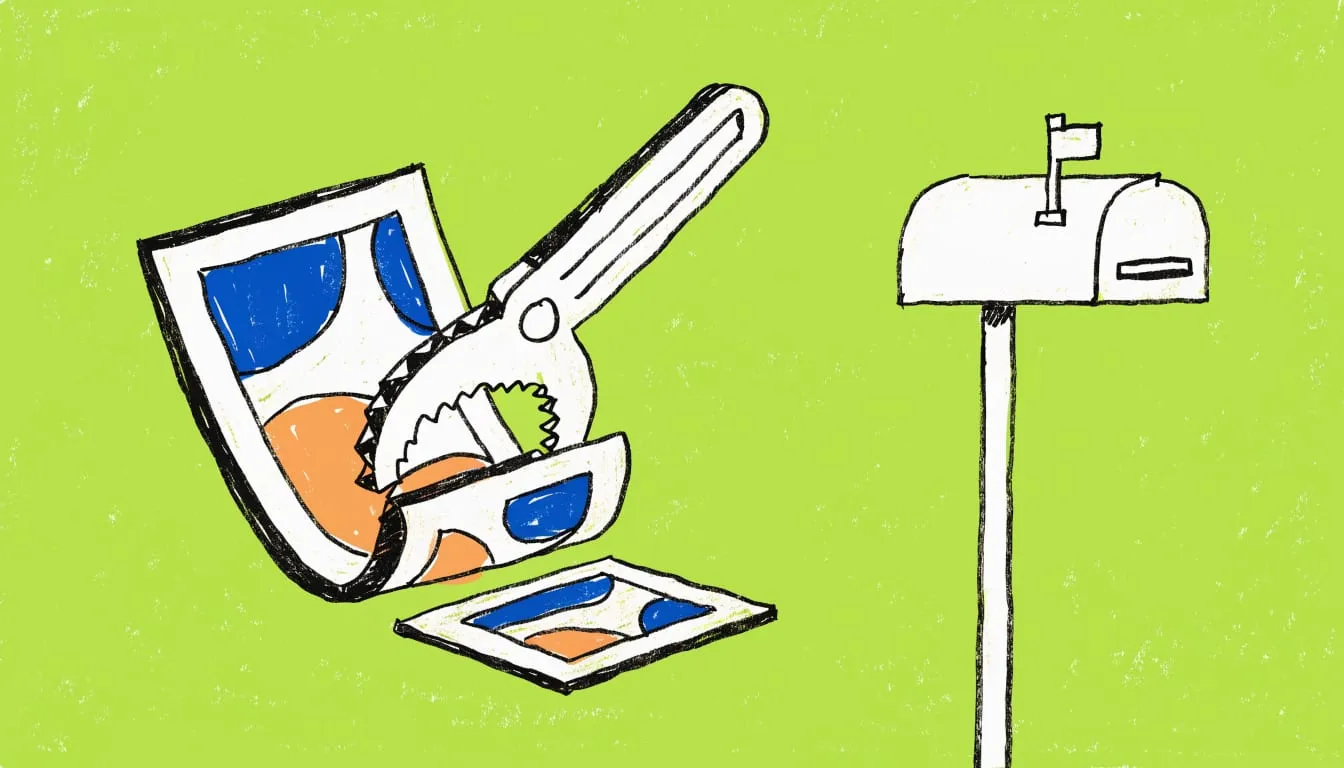 Hand-drawn illustration of a large photo being pressed small by a clamp beside a mailbox on a lime green background