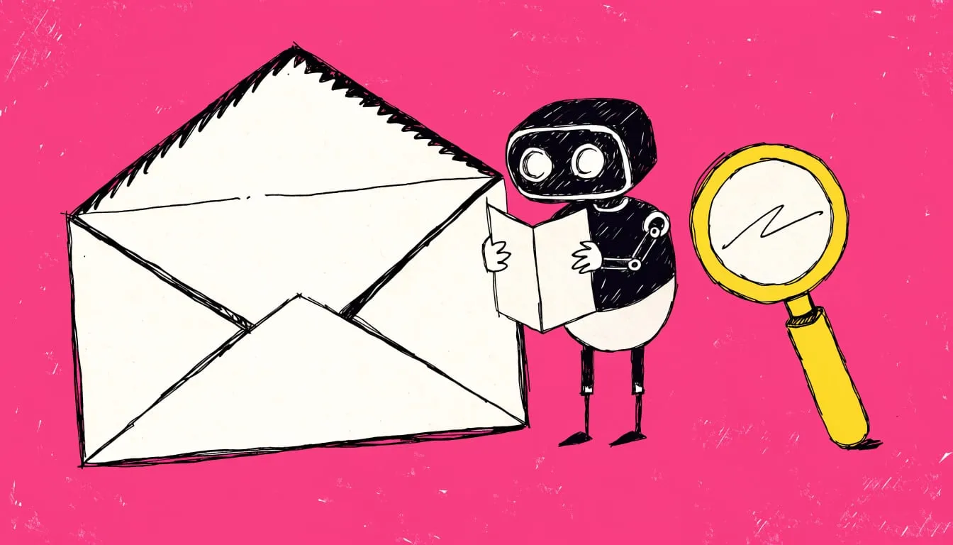 Hand-drawn illustration of a paper envelope with a small robot reading a folded letter beside a magnifying glass on a hot pink background