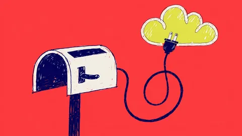 Hand-drawn illustration of a mailbox with a plug cable connecting to a small cloud on a coral red background