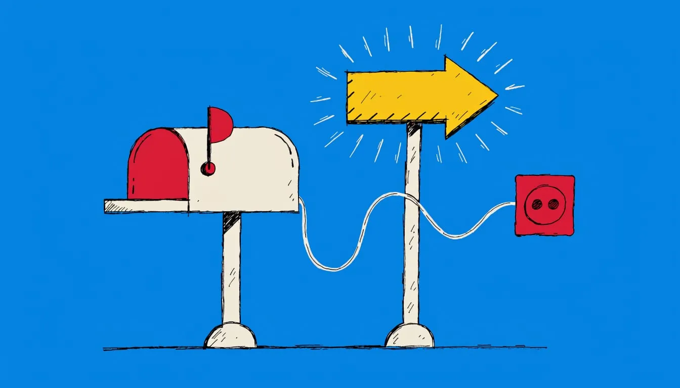 Hand-drawn illustration of a mailbox with a glowing signpost arrow pointing to a plug socket on a sky blue background