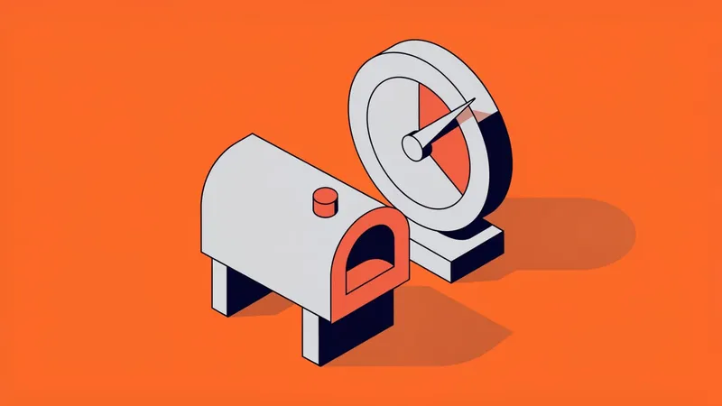 Isometric illustration of a mailbox beside a round gauge dial with the needle near full on an orange background