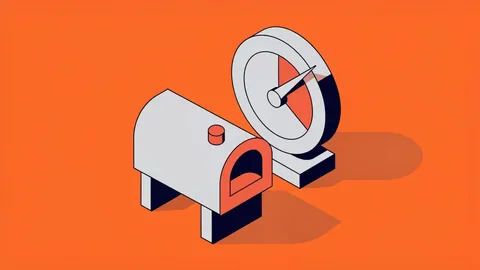 Isometric illustration of a mailbox beside a round gauge dial with the needle near full on an orange background