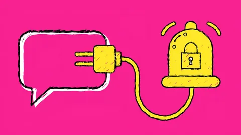 Hand-drawn illustration of a chat bubble plugged into a notification bell with a padlock on a hot pink background