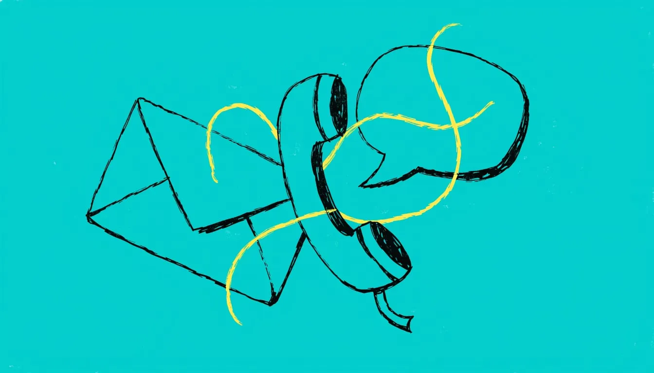 Hand-drawn illustration of an envelope, a phone handset and a chat bubble tied together with one piece of string on a teal background